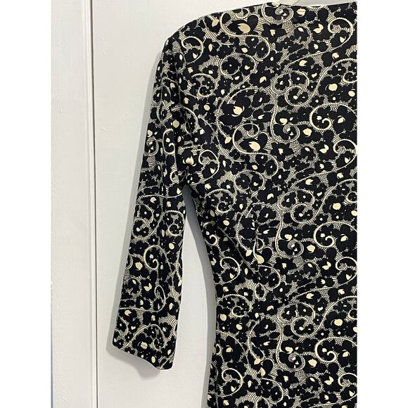 Y2k Vintage Dress Small Faux Wrap Black Gold Whimsygoth 3/4 Sleeve Office Siren - Picture 5 of 6